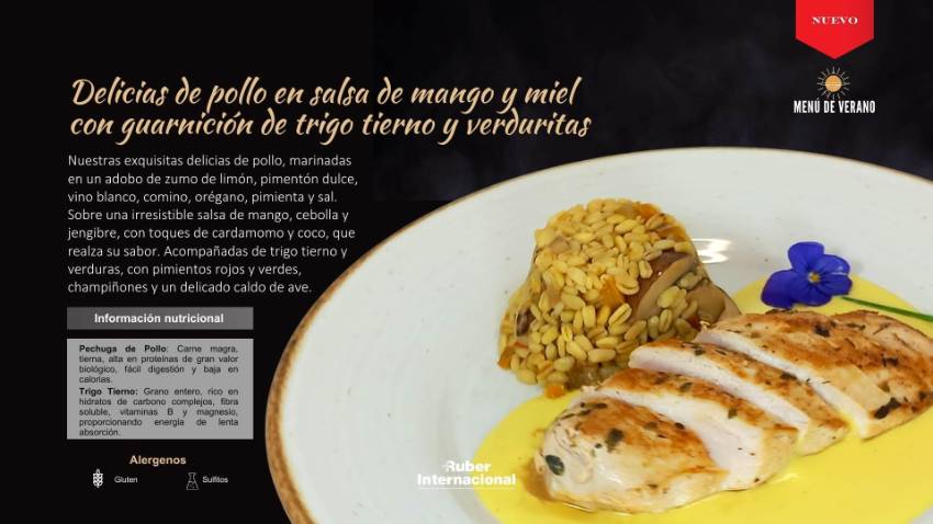 Delicias de poloo con salsa de mango Menu verano Ruber